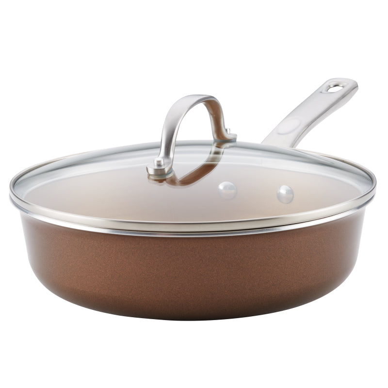 Ayesha Curry Home Collection Porcelain Enamel Nonstick Sauté Pan with Lid, 3-Quart, Brown Sugar