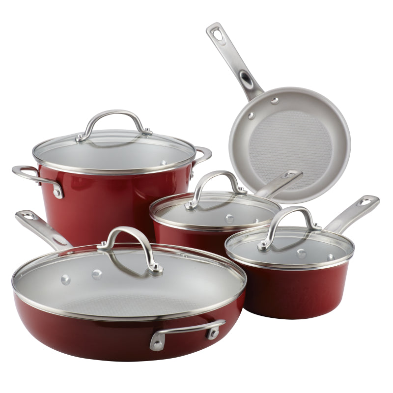Ayesha Curry Home Collection Porcelain Enamel Nonstick Cookware Pots and Pans Set, 9-Piece, Sienna Red