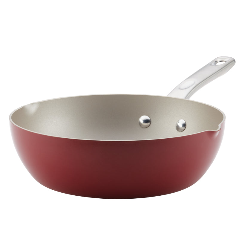 Ayesha Curry Home Collection Porcelain Enamel Nonstick Chef Pan With Pour Spouts, 9.75-Inch, Sienna Red