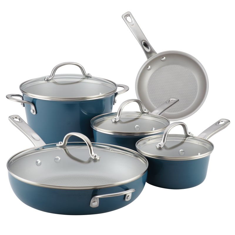 Ayesha Curry Home Collection Porcelain Enamel Nonstick Cookware Pots and Pans Set, 9-Piece, Twilight Teal